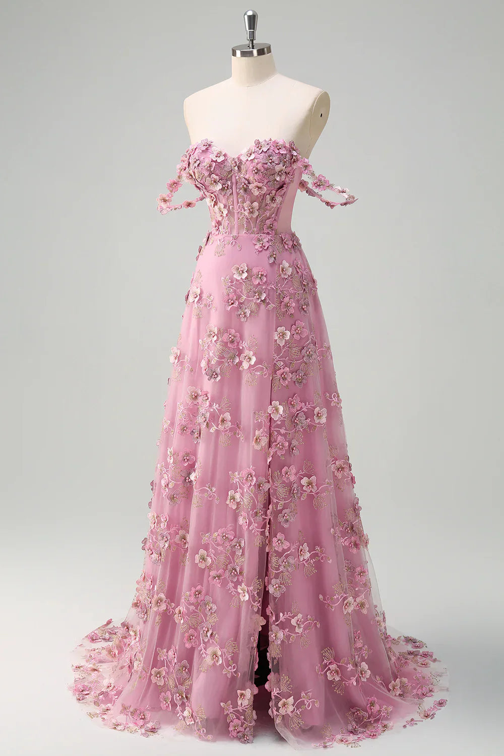 A-Line Off The Shoulder Corset Long Prom Dress with Slit
