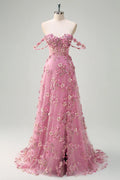 A-Line Off The Shoulder Corset Long Prom Dress with Slit