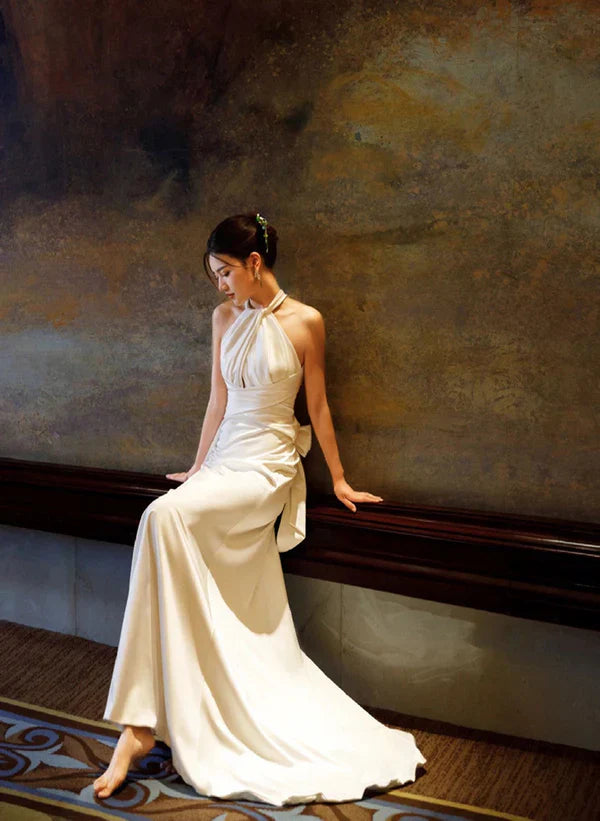 Simple Halterneck Satin Long Party Dress Prom Dress Floor-length Evening Dress