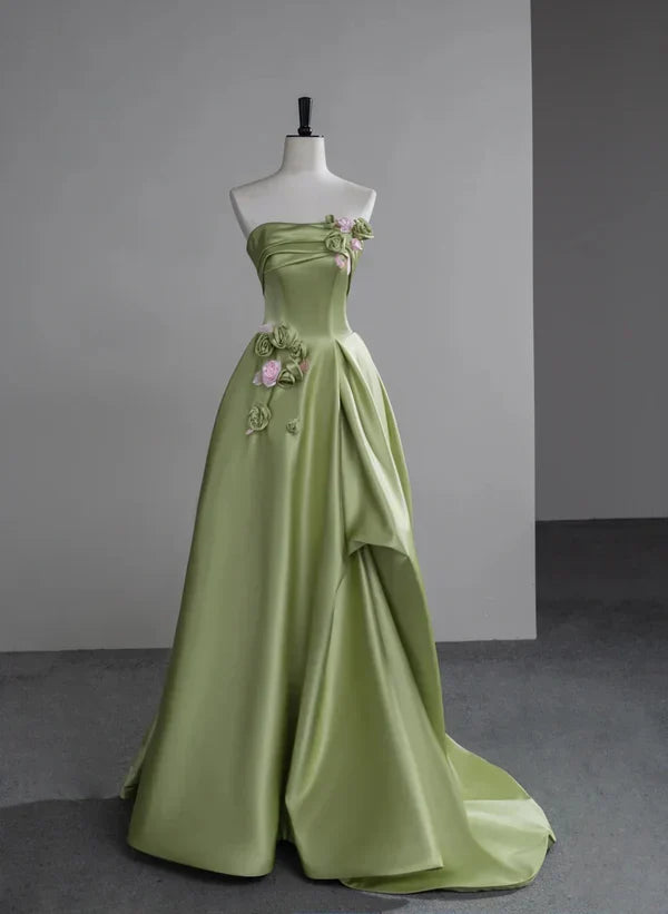A-line Ballgown Satin with Flowers Long Evening Dress Satin Prom Dress