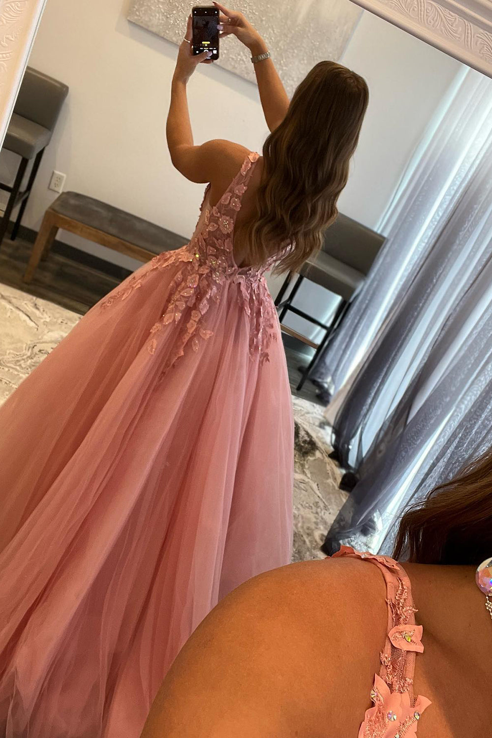 Princess A Line V Neck Orange Long Prom Dress with Appliques