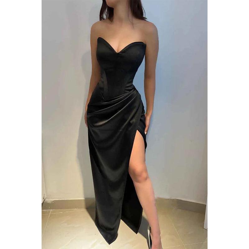 Sexy V Neck Satin Pleats Black Elegant Long Formal Evening Dress with Slit