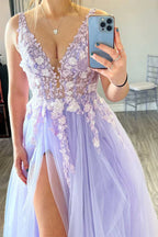 Charming A Line Deep V Neck Light Purple Long Prom Dress with Appliques