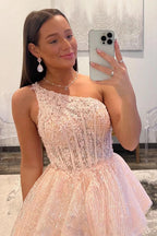 A Line One Shoulder Pink Long Prom Dress with Ruffles