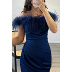 Sheath/column Off-shoulder Feather Saitn Long Prom Evening Dress