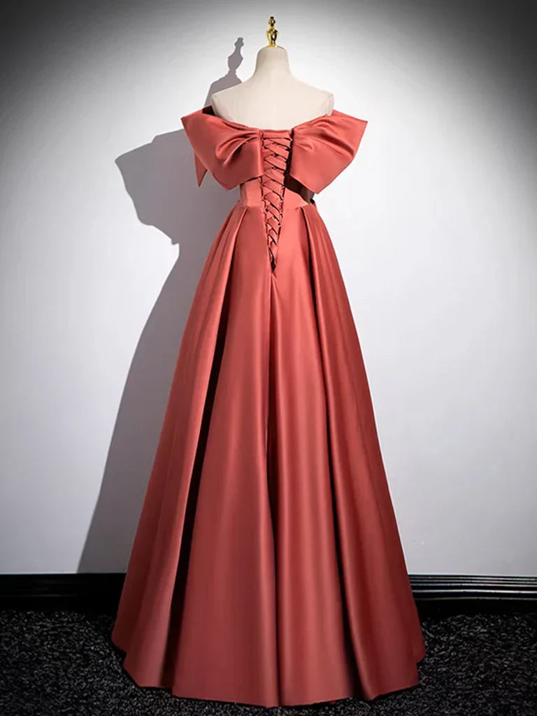 A-Line Ballgown Off Shoulder Satin Long Prom Dress Formal Dress