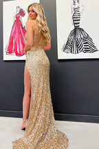 Mermaid Spaghetti Straps Golden Sequins Long Prom Dress with Split Front