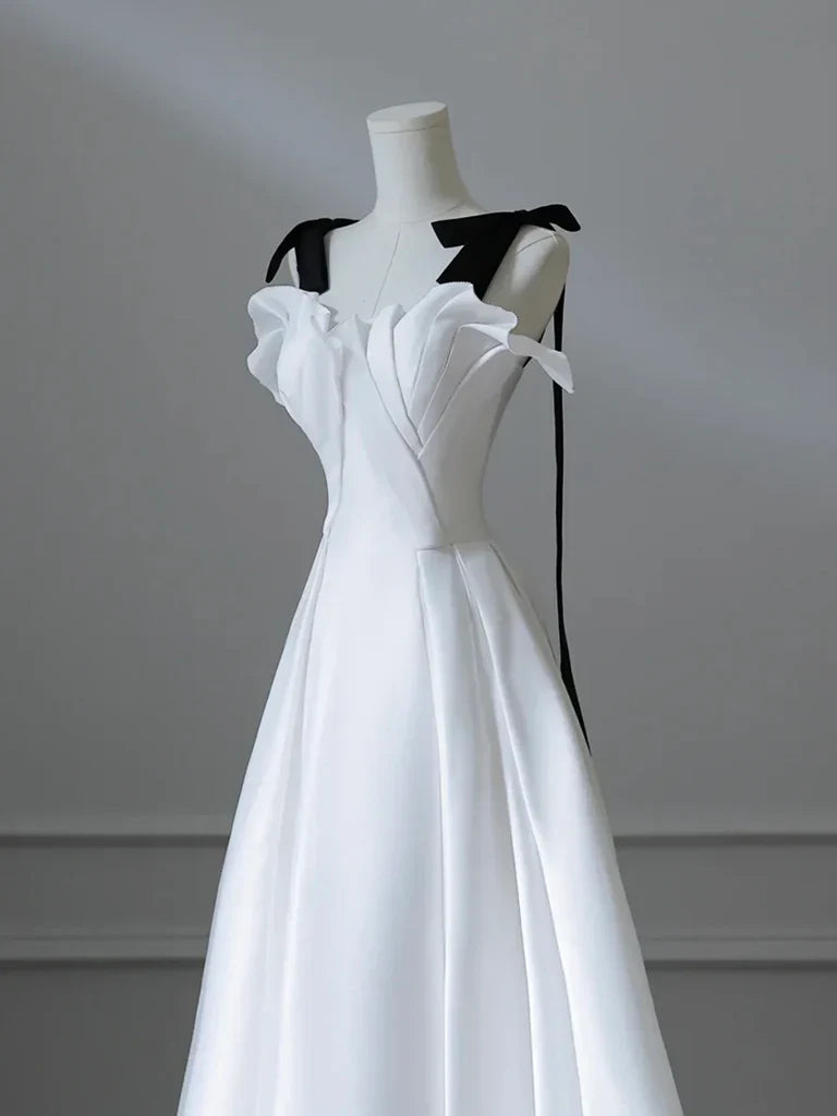 A-Line Satin White Long Prom Dress Formal Dress with Sweep Train