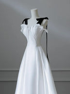 A-Line Satin White Long Prom Dress Formal Dress with Sweep Train