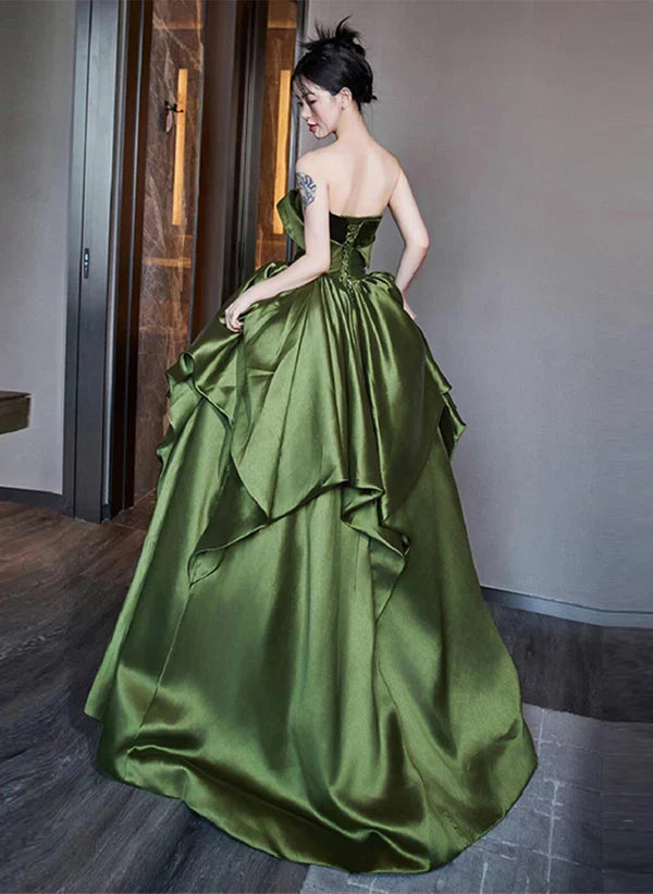 Satin A-line Off Shoulder Ballgown Ruffle Tiered Floor Length Party Dress Prom Dress