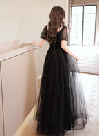 Glitter A-Line Princess Tulle and Velvet Short Sleeves Prom Dress Black Evening Dress