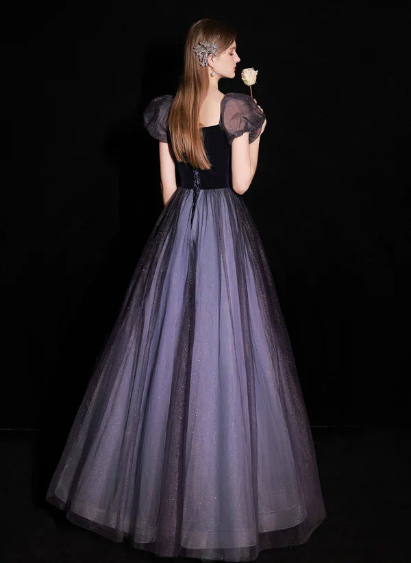 A-line Glitter Bubble Sleeved Ballgown Tulle and Velvet Long Prom Dress