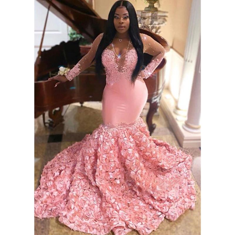 Sexy V-neck Lace Appliques Long Sleeves Mermaid Afric Prom Dress