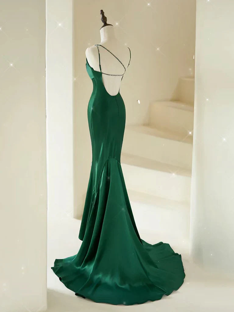 Mermaid V Neck Satin Long Prom Dress Formal Dress With Sweep Train