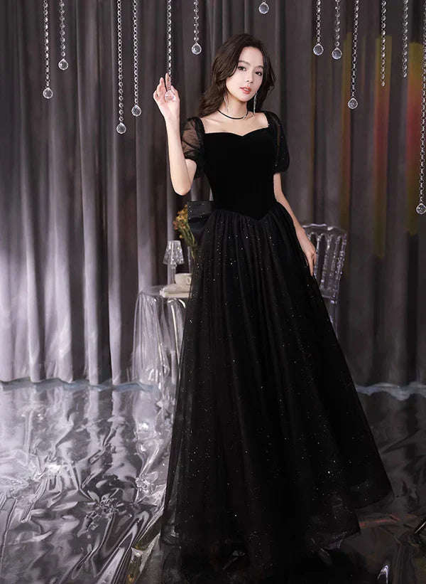 Glitter A-Line Princess Tulle and Velvet Short Sleeves Prom Dress Black Evening Dress