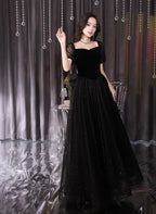 Glitter A-Line Princess Tulle and Velvet Short Sleeves Prom Dress Black Evening Dress