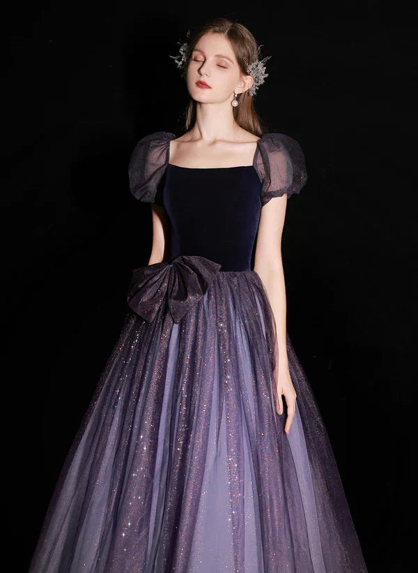 A-line Glitter Bubble Sleeved Ballgown Tulle and Velvet Long Prom Dress