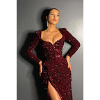 Sexy V-neck Long Sleeves Sequins Sparkly Prom Dress with Slit