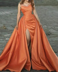 A-Line Mermaid Beaded Ballgown V-neck Orange Satin Prom Dresses With Slit