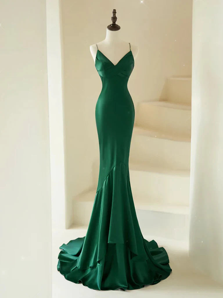 Mermaid V Neck Satin Long Prom Dress Formal Dress With Sweep Train