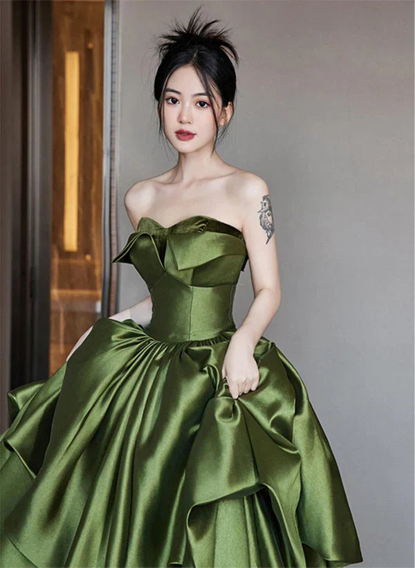 Satin A-line Off Shoulder Ballgown Ruffle Tiered Floor Length Party Dress Prom Dress