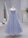 Sparkling Short Sleeves Tulle Long Sweetheart Party Dress A-line Blue Prom Dress