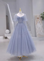 Sparkling Short Sleeves Tulle Long Sweetheart Party Dress A-line Blue Prom Dress