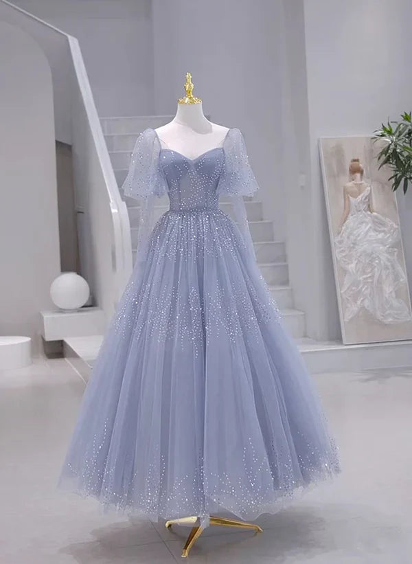 Sparkling Short Sleeves Tulle Long Sweetheart Party Dress A-line Blue Prom Dress