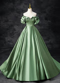 Satin Off Shoulder Long Party Dress A-line Green Prom Dress Quinceanera Dress