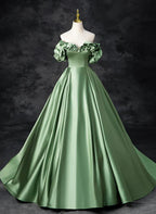 Satin Off Shoulder Long Party Dress A-line Green Prom Dress Quinceanera Dress