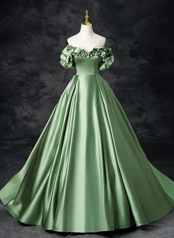 Satin Off Shoulder Long Party Dress A-line Green Prom Dress Quinceanera Dress