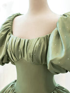 A-Line Princess Satin Puffy Sleeves Long Formal Dress Satin Prom Dress Party Dress