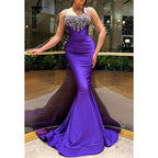 Sexy Satin Trumpet Beaded Appliques Bateau Party Prom Evening Dress