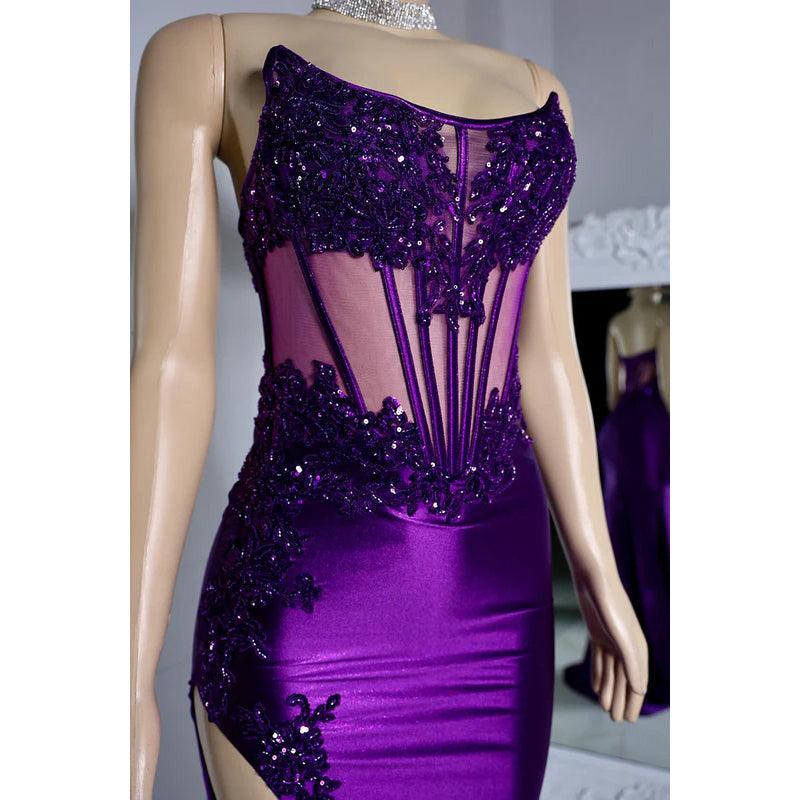 Elegant & Luxurious Scoop Sleeveless Sheath Side Slit Lace Evening Prom Dress
