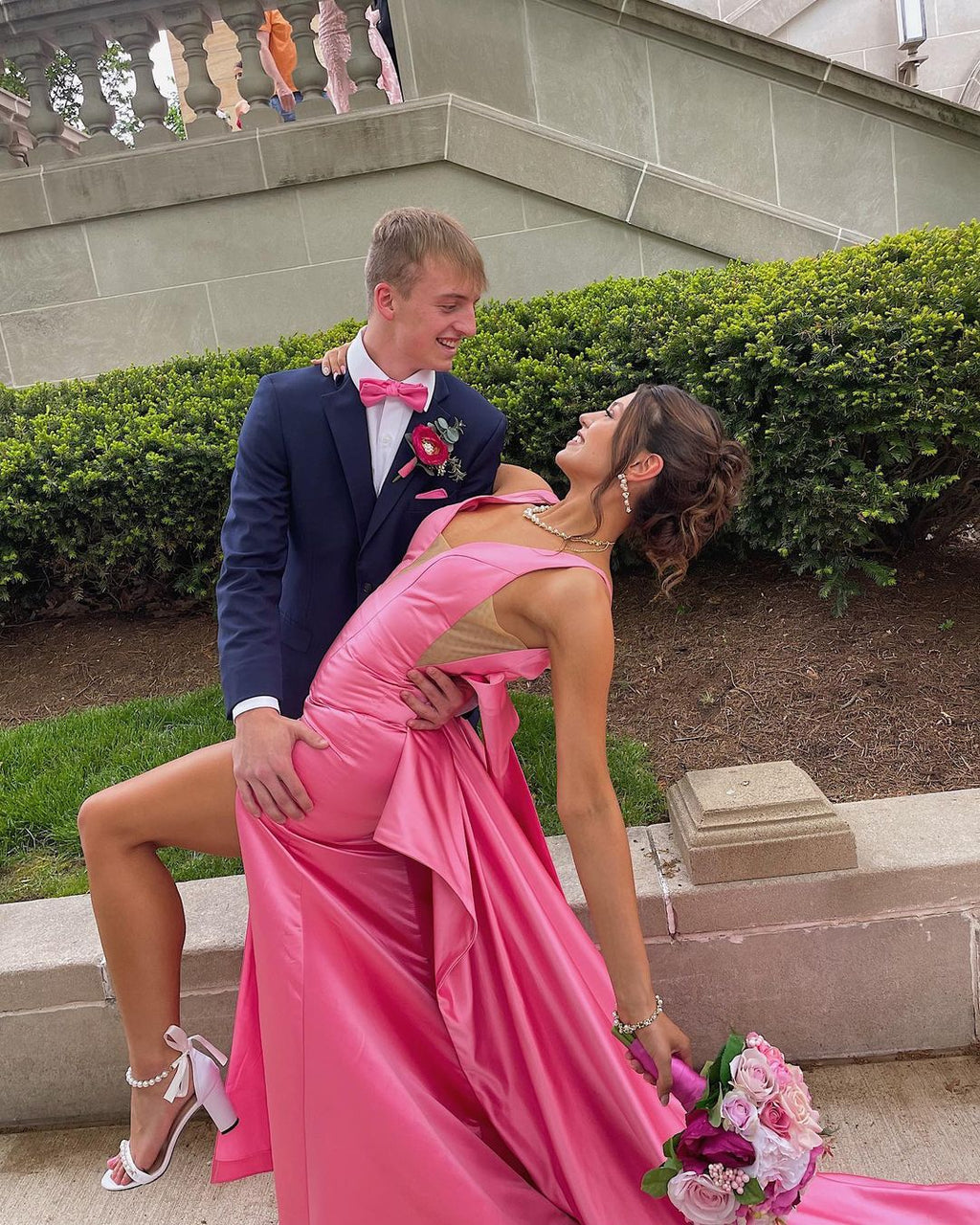 Cute Mermaid V Neck Pink Satin Long Prom Dresses with Big Bow