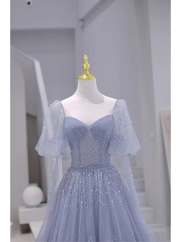 Sparkling Short Sleeves Tulle Long Sweetheart Party Dress A-line Blue Prom Dress