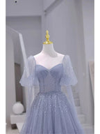 Sparkling Short Sleeves Tulle Long Sweetheart Party Dress A-line Blue Prom Dress