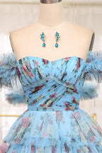 Charming A Line Off the Shoulder Blue Printed Long Prom Dress with Ruffles