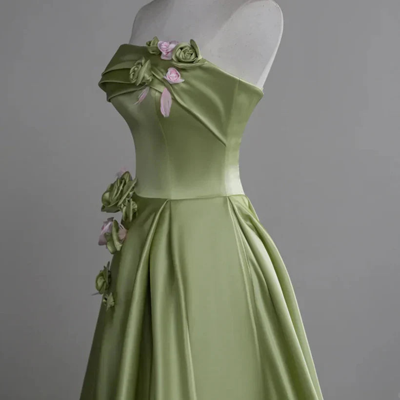 A-line Ballgown Satin with Flowers Long Evening Dress Satin Prom Dress