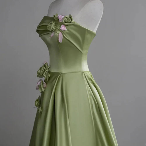 A-line Ballgown Satin with Flowers Long Evening Dress Satin Prom Dress