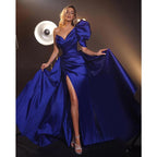 Unique One Shoulder Satin Pleats Mermaid Long Prom Party Dress with Slit