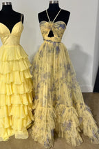 Print Halter Keyhole A-Line Long Prom Dress