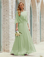 Sunnderly  Bridesmaid Dress Women Long Sleeve V-Neck Chiffon Formal Wedding Party Dress SY28018