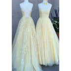 Red Tulle Appliques Spaghetti Straps A-line Long Prom Dress Lace-up