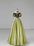 Chic Green Bow Lace Beaded Satin Prom Dress Off-The-Shoulder Ball Gown  Y7745