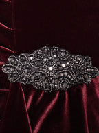 Short Velvet Sheath Dress with Surplice Neckline, Cascade Skirt and Embellishment Detail at Hip