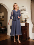 A-line Scoop Tea-Length Lace Chiffon Mother of the Bride Dress With Sequins