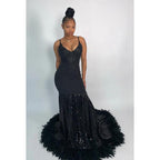 V-Neck Appliqued Sequins Feather Satin Mermaid Long Prom Evening Dress