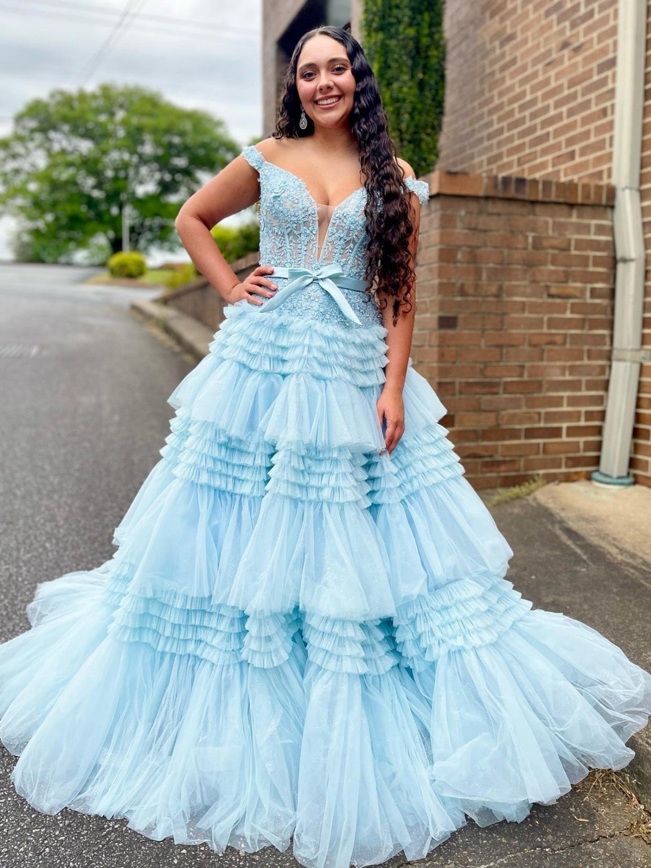 A Line Off the Shoulder Light Pink Long Prom Dress with Ruffles