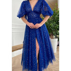 Plunging V-neck Half Sleeves Sparkly Formal Dress with Slit